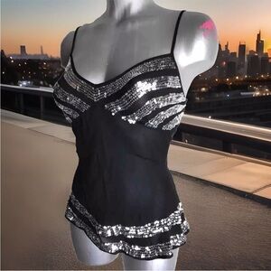 Aqua Bloomingdales 100% SILK BLACK SEQUINED CAMI L